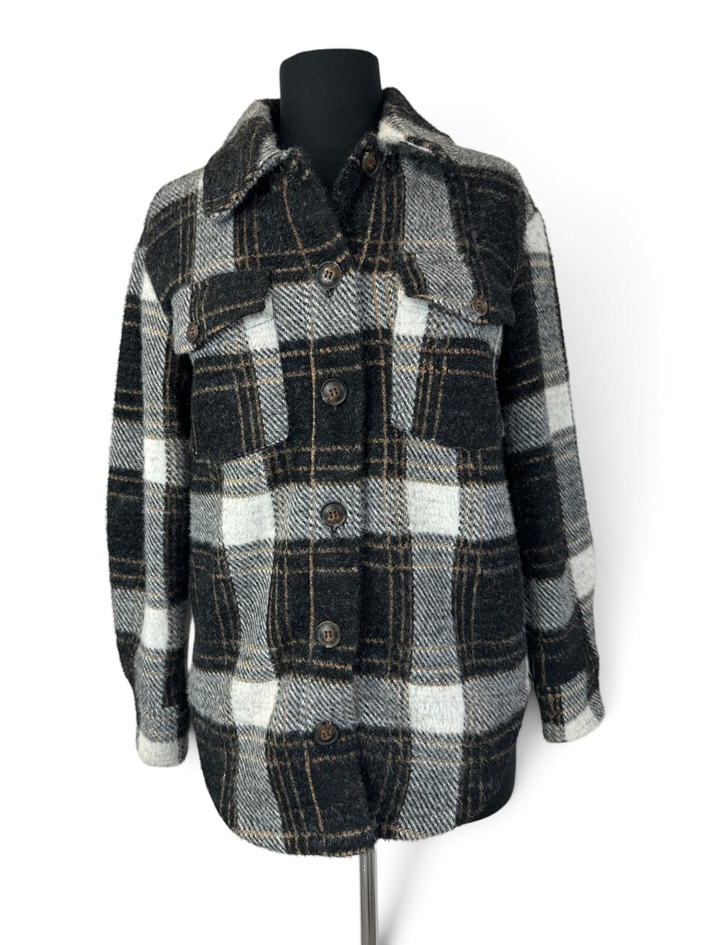 Greylin Plaid Shacket Shirt Jacket Brushed Black Gray Brown XXS